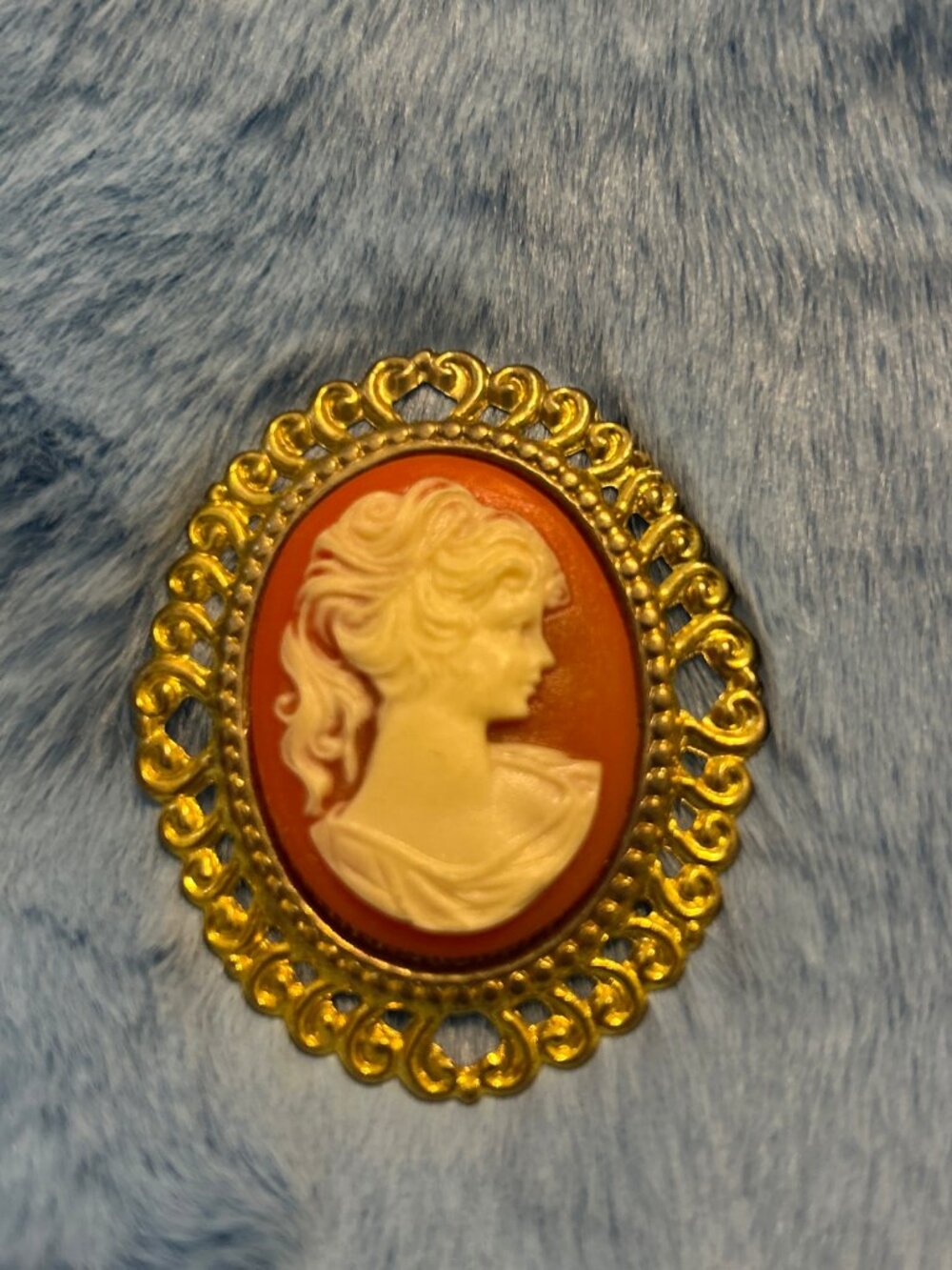 Vintage Cameo Brooch Gold Tone Filigree Frame Coral Woman Profile
